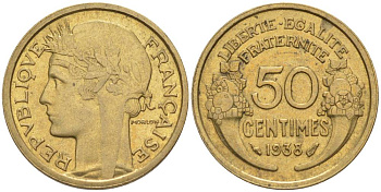 ФРАНЦИЯ 50 САНТИМОВ 1938 ТИП MORLON KM 894.1, LE FRANC 192.14 алюминиевая бронза 44-748