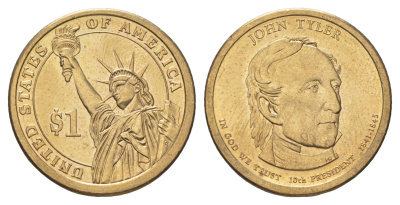 США 1 доллар 2009 P, Президент США - Джон Тайлер (1841-1845) KM 451 медь с марганцево-латунным покрытием UNC 4629-245