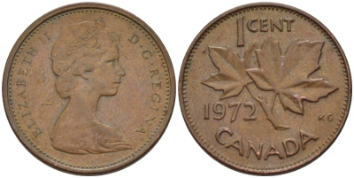 Канада 1 цент 1972 Елизавета II (1952-2022), кленовый лист KM 59.1 бронза 261-1143