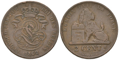 Бельгия 2 сантима 1862 Леопольд I (1831-1865) KM 4.2 медь 4615-654