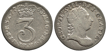 Великобритания 3 пенса 1763 Георг III (1760-1820) KM 591, Spink 3753 серебро 1523-1222