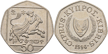 Кипр 50 центов 1996 похищение Европы KM 66 медно-никель 4141-1242