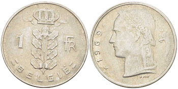БЕЛЬГИЯ 1 ФРАНК 1969 BELGIE, БОДУЭН I (1951-1993) KM 143.1 медно-никель 213-341