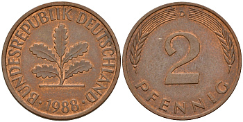 ФРГ 2 пфеннига 1988 D J.381a, KM 106a сталь плакированная медью    4598-919