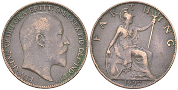 Великобритания 1 фартинг 1902 Эдуард VII (1901-1910) KM 792, Spink 3992 бронза 4613-443