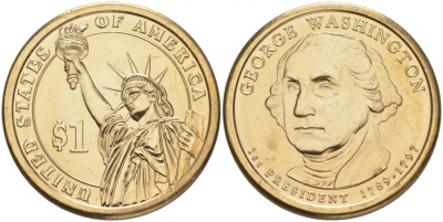 США 1 доллар 2007 P, серия президенты США, Джордж Вашингтон (1789-1797), из ролла KM 401 медь с марганцево-латунным покрытием UNC M25-02
