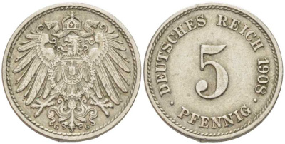 Германия 5 пфеннигов 1908 G KM 11, Jager 12, Weege 6 медно-никель 105-136