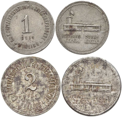 АВСТРИЯ ЛОТ ИЗ 2 МОНЕТ (1 И 2 ГЕЛЛЕРА) 1915 ЛАГЕРНЫЕ ДЕНЬГИ, ЛАГЕРЬ ДЛЯ ВОЕННОПЛЕННЫХ ОФИЦЕРОВ БЛИЗ ГОРОДА MUHLING В НИЖНЕЙ АВСТРИИ, СТАРШИЙ ОФИЦЕР ОБЕРЛЕЙТЕНАНТ ГЕРМАН И ЛАГЕРКОМЕНДАНТ ОБЕРЛЕЙТЕНАНТ ЖОЗЕФ ДЮРАС, НОТГЕЛЬД, ПЕРВАЯ МИРОВАЯ ВОЙНА, ДИАМЕТР