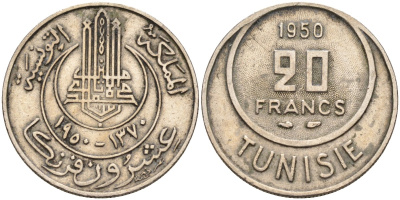 Тунис 20 франков 1950 KM 274 медно-никель 4586-551