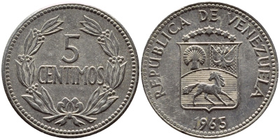 Венесуэла 5 сентимо 1965 KM 38.2 медно-никель 4392-922