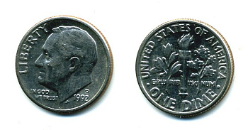 США 10 ЦЕНТОВ = 1 ДАЙМ 1992 D, РУЗВЕЛЬТ KM 195а медь плакированная медно-никелем 46-2527