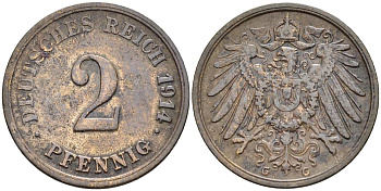 ГЕРМАНИЯ 2 ПФЕННИГА 1914 G KM 16, Jager 11, Weege 4 медь 4546-736