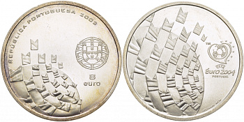 Португалия 8 евро 2003 Чемпионат Европы по футболу UEFA ЕВРО-2004 в Португалии, флаги KM 750 серебро UNC 06-255-44