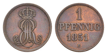 Ганновер 1 пфенниг 1851 B, Эрнст Август I (1837-1851) KM 201.1, AKS 129, J. 74 медь    4658-1055