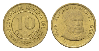 Перу 10 сентимо 1986 Мигель Грау Семинарио KM 293 латунь UNC 4615-112