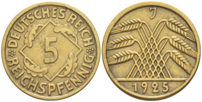 ГЕРМАНИЯ 5 РЕЙХСПФЕННИГОВ 1925 J KM 39, J. 316 алюминиевая бронза 206-1118