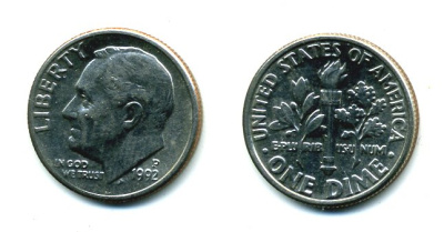 США 10 ЦЕНТОВ = 1 ДАЙМ 1992 D, РУЗВЕЛЬТ KM 195а медь плакированная медно-никелем 46-2527