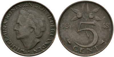 НИДЕРЛАНДЫ 5 ЦЕНТОВ 1948 ВИЛЬГЕЛЬМИНА KM 176 бронза 95-234