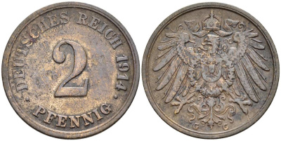 ГЕРМАНИЯ 2 ПФЕННИГА 1914 G KM 16, Jager 11, Weege 4 медь 4546-736