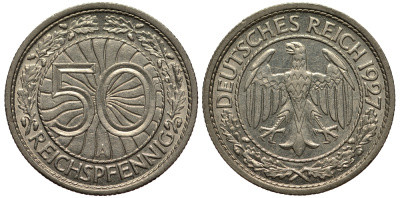 Германия 50 рейхспфеннигов 1927 А KM 49 J. 324 никель  UNC  441-123