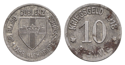 Кобленц 10 пфеннигов 1918 Funck 80.1A, Men05 4526.1, Men18 5727.1 железо 4659-317