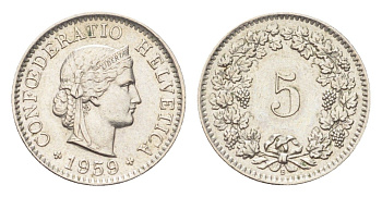 Швейцария 5 раппенов 1959 B KM 26 медно-никель 4705-1252