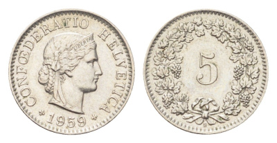 Швейцария 5 раппенов 1959 B KM 26 медно-никель 4705-1252