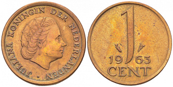 Нидерланды 1 цент 1963 Юлиана (1948-1980) KM 180 бронза 3955-431