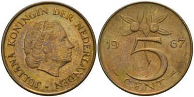 Нидерланды 5 центов 1967 Юлиана (1948-1980) KM 181 бронза 4579-623