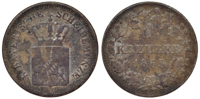 Бавария 1 крейцер 1863 Максимилиан II (1848-1864) KM 473 серебро 71-561