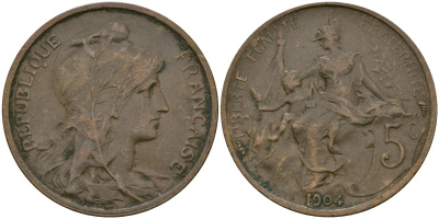 Франция 5 сантимов 1904 KM 842, Le Franc 119.5 бронза 51-1241