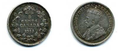 КАНАДА 5 ЦЕНТОВ 1913 ГЕОРГ V серебро 46-562