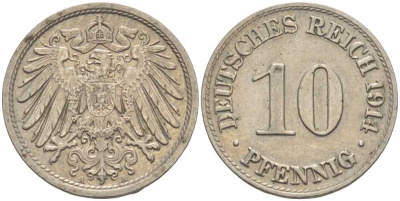 ГЕРМАНИЯ 10 ПФЕННИГОВ 1914 A KM 12, J. 13 медно-никель 33-955