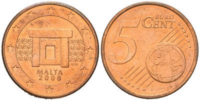 Мальта 5 евроцентов 2008 F KM 127 сталь плакированная медью UNC 4551-1254