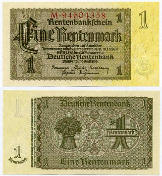 ГЕРМАНИЯ 1 РЕНТЕНМАРКА 1937 30 ЯНВАРЯ 1937, ВЕЙМАРСКАЯ РЕСПУБЛИКА, ВОСЕМЬ ЦИФР В НОМЕРЕ СЕРИИ, СЕРИЯ М Pick 173b, Rosenberg 166b бумага UNC (ПРЕСС) 8613-11-3-1