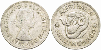 Австралия 1 шиллинг 1960 m, Елизавета II (1952-2022), овца меринос KM 59 серебро 60-1322