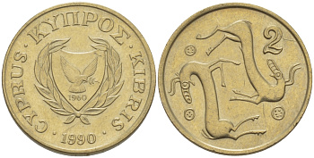 КИПР 2 ЦЕНТА 1990 КОЗЛЫ KM 54.2 никель латунь 4364-3641