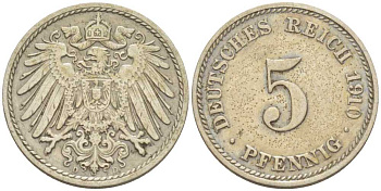 Германия 5 пфеннигов 1910 D KM 11, J. 12, Weege 6 медно-никель 206-961
