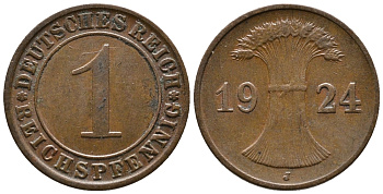 ГЕРМАНИЯ 1 РЕЙХСПФЕННИГ 1924 J KM 37, J. 313 бронза 39-856