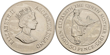 Остров Вознесения 50 пенсов 1995 PM, 95 лет со дня рождения Королевы Матери, на рыбалке KM 7 медно-никель UNC 00-00