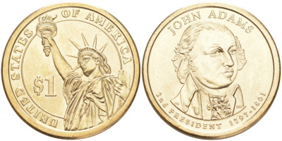 США 1 доллар 2007 P, серия президенты США, Джон Адамс (1797-1801) KM 402 медь с марганцево-латунным покрытием UNC M31-05