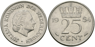 НИДЕРЛАНДЫ 25 ЦЕНТОВ 1954 ЮЛИАНА KM 183 никель 96-129