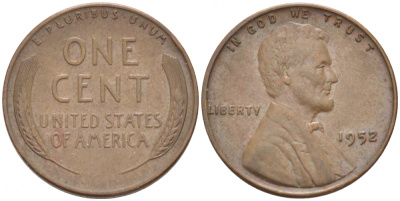 США 1 ЦЕНТ 1952 ЛИНКОЛЬН KM А132 медь цинк 3309-237
