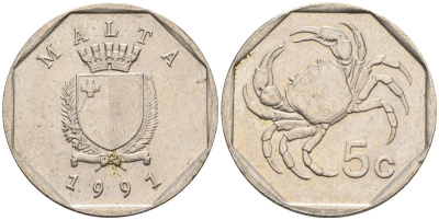 Мальта 5 центов 1991 краб KM 95 медно-никель 4588-116