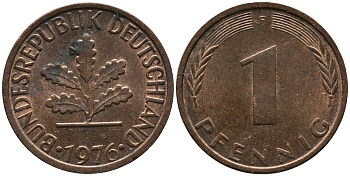 ФРГ 1 пфенниг 1976 F KM 105, J.380 сталь плакированная медью 99-336