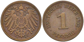 ГЕРМАНИЯ 1 ПФЕННИГ 1893 A KM 10, J. 10, Weege 2 медь 211-154