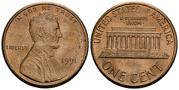 США 1 цент 1991 Линкольн KM 201b цинк плакированный медью 4136-339