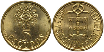 ПОРТУГАЛИЯ 5 ЭСКУДО 1992 KM 632 никель латунь UNC 181-344