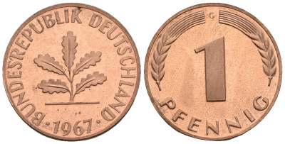 ФРГ 1 пфенниг 1967 G KM 105, J.380 сталь плакированная медью PROOF 1094-7-53