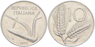 Италия 10 лир 1973 R, плуг KM 93 алюминий    4592-1254